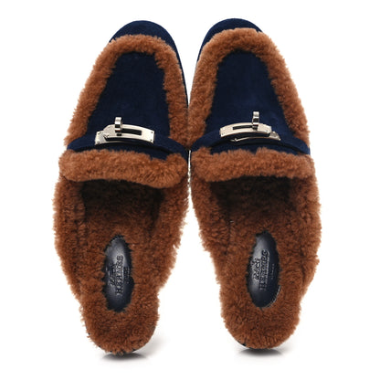 Hermes Suede Goatskin Woolskin Womens Oz Mules 37 Marine Gold 2 of 9