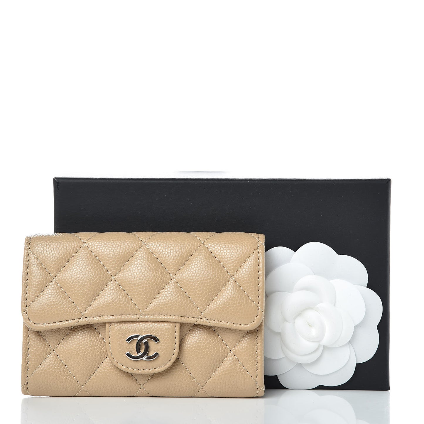 Caviar Quilted Flap Card Holder Beige
