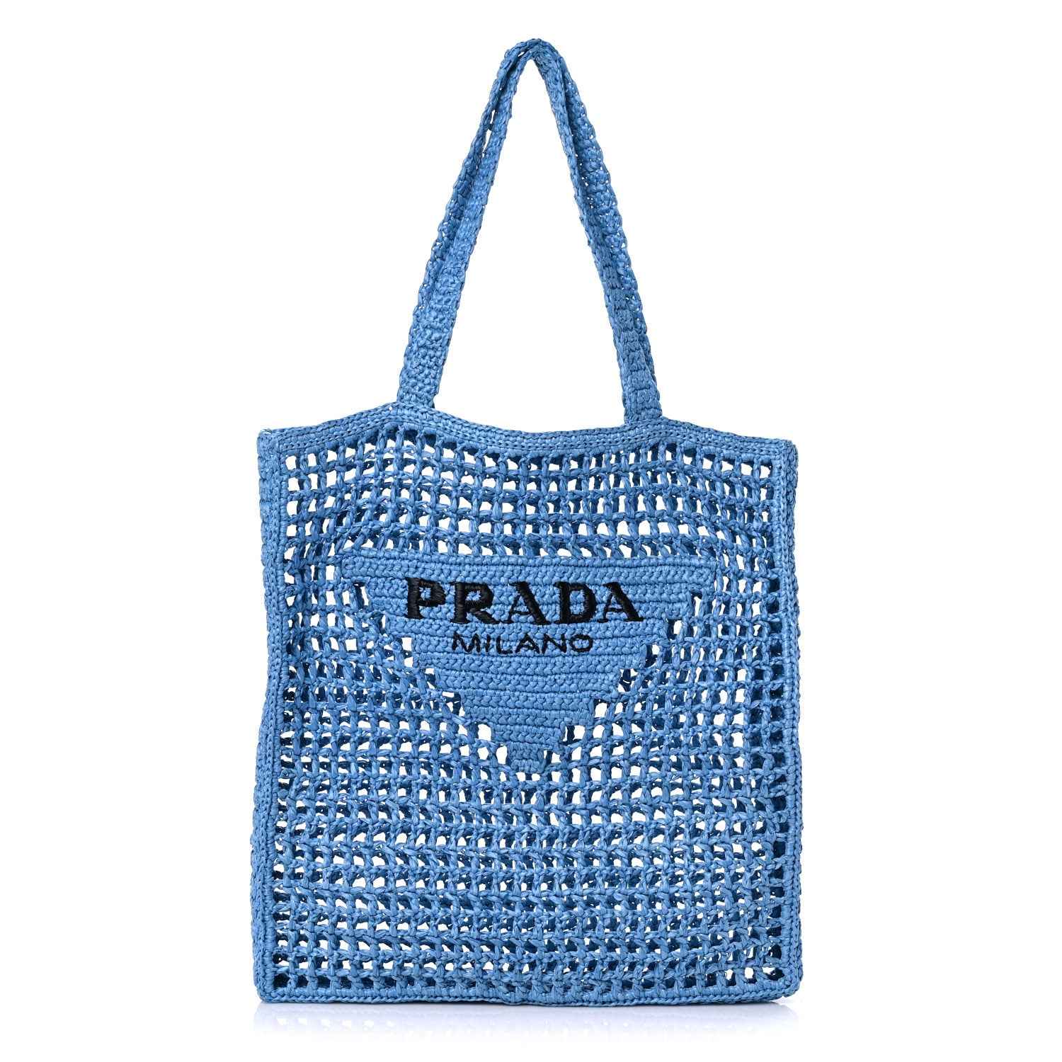 Prada Yarn Raffia Effect Crochet Logo Embroidered Tote Bag Celeste 1 of 9