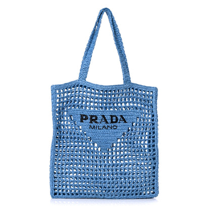 Prada Yarn Raffia Effect Crochet Logo Embroidered Tote Bag Celeste 1 of 9