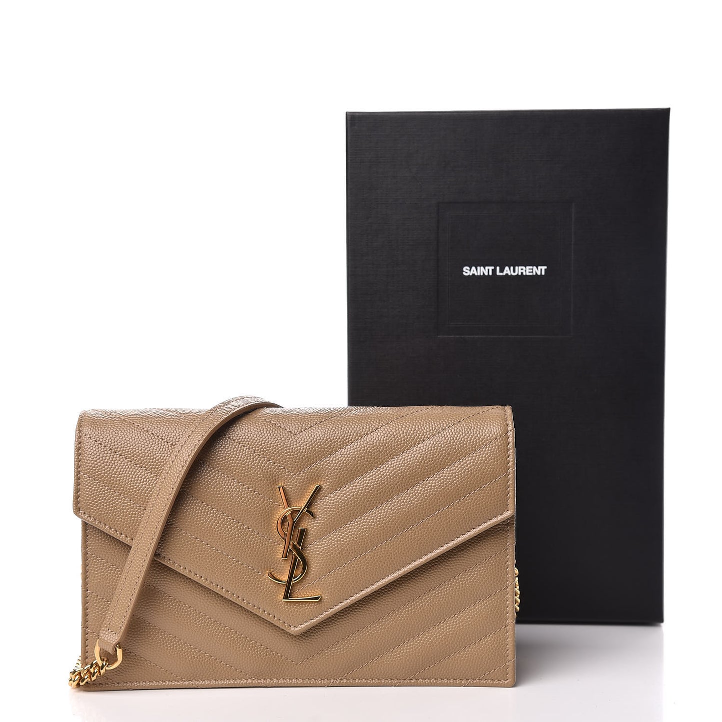 Grain De Poudre Matelasse Chevron Monogram Envelope Chain Wallet Dark Latte