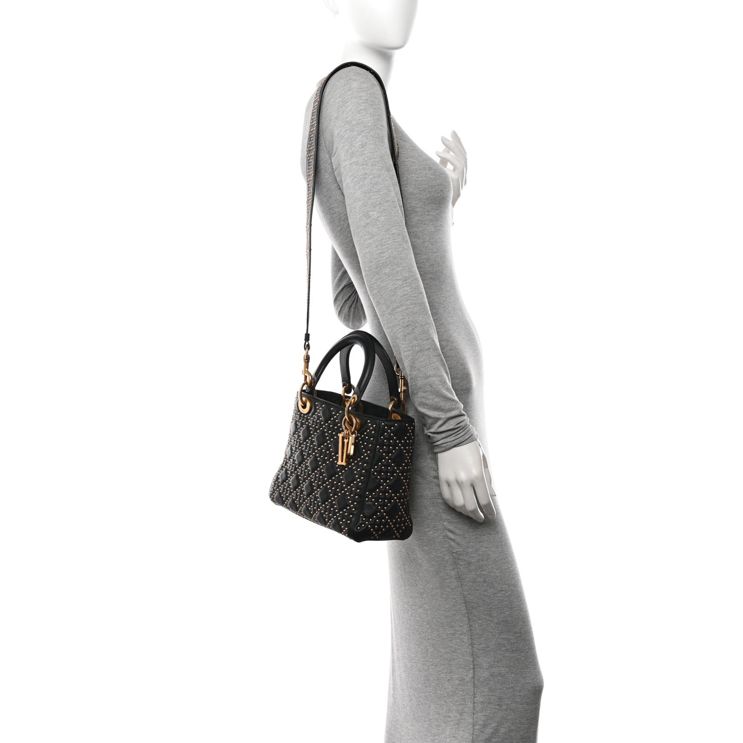 Calfskin Cannage Studded Medium Supple Lady Dior Black