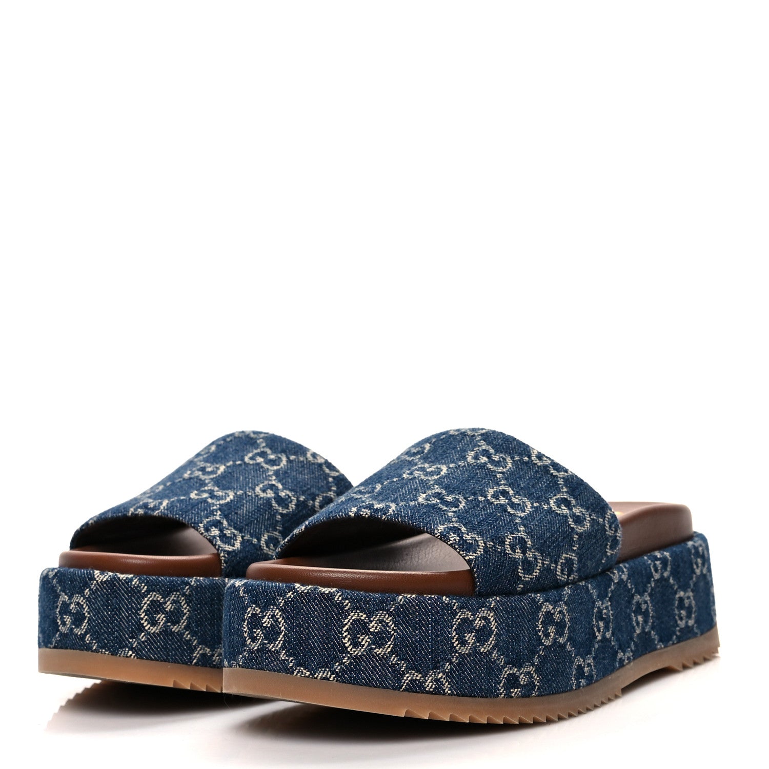 Gucci New Denim GG Monogram Angelina Platform 55mm Slide Sandals 35 Blue Tea 3 of 8