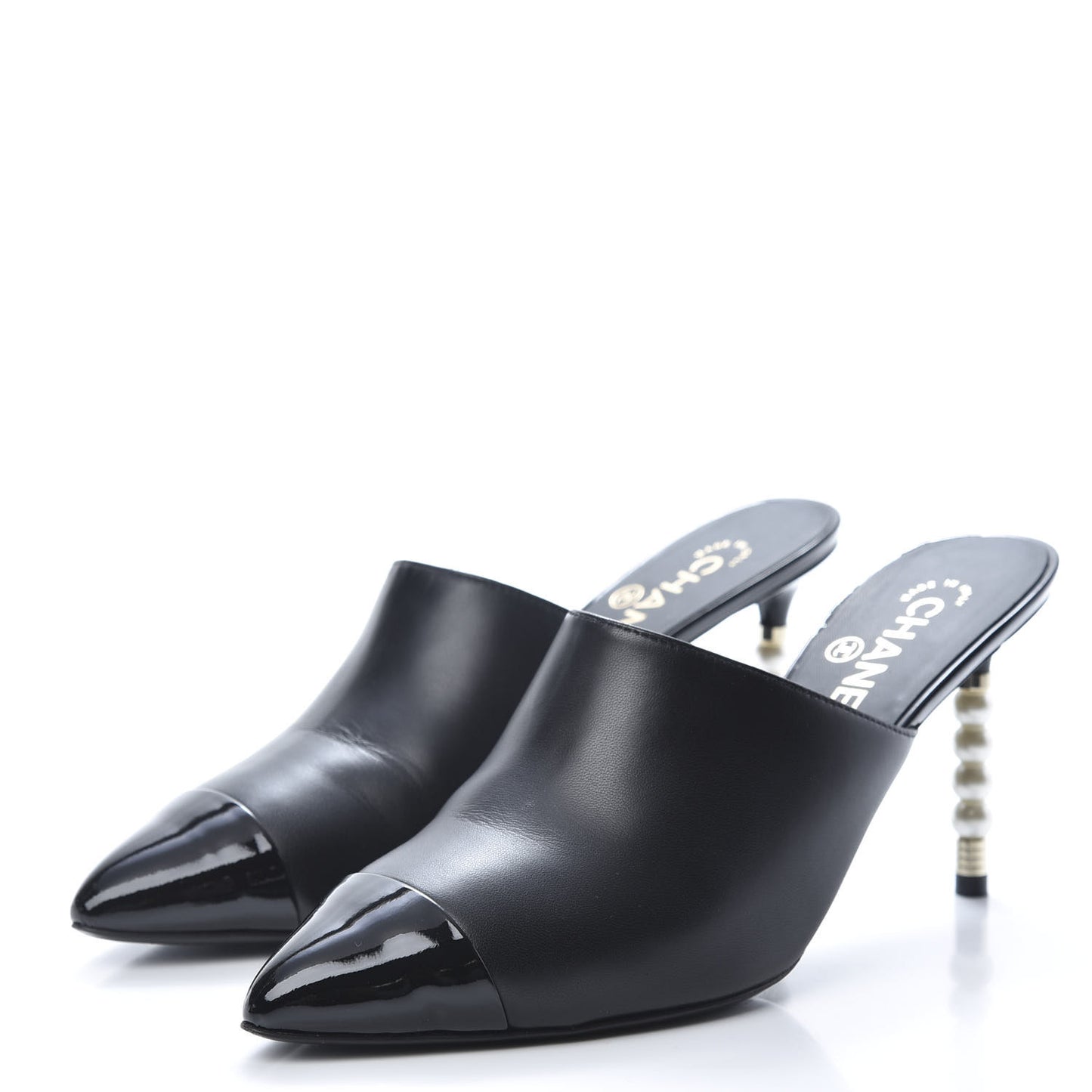 Lambskin Patent Calfskin Pearl Mules 40 Black