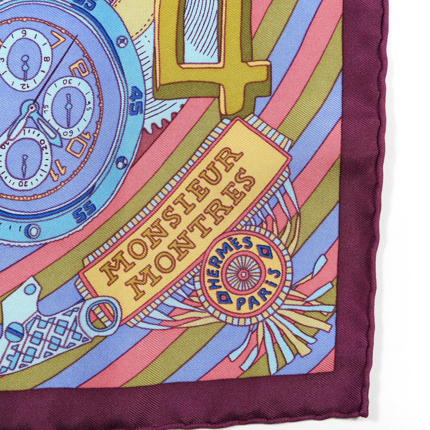 Hermes Silk Monsieur Montres Pocket Square Prune Lie De Vin Bleu 2 of 4