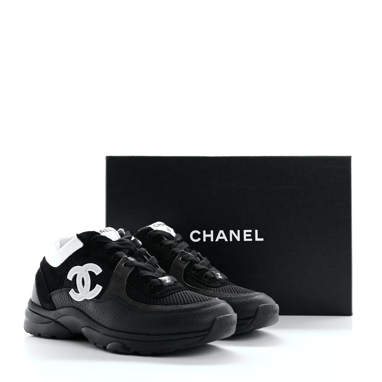 Mesh Suede Grained Calfskin Womens CC Sneakers 39 Black White