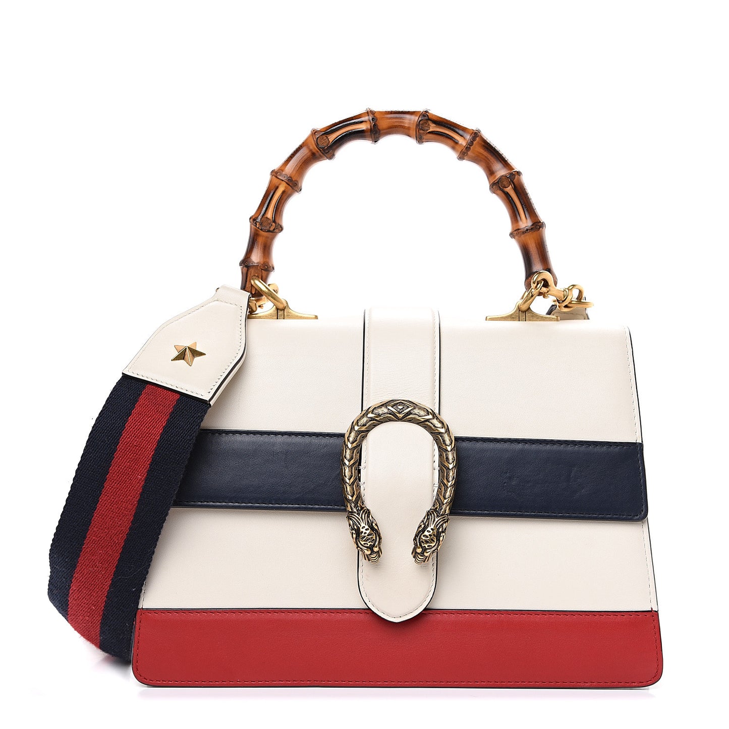 Calfskin Bamboo Web Medium Dionysus Top Handle Bag White Blue Hibiscus Red