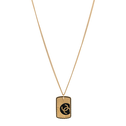 Chanel CC ID Dog Tag Charm Necklace Gold Black 1 of 6