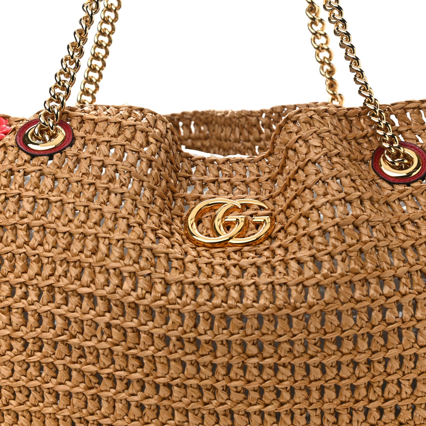 Raffia Effect Large GG Marmont Shoulder Tote Bag Natural Red Green