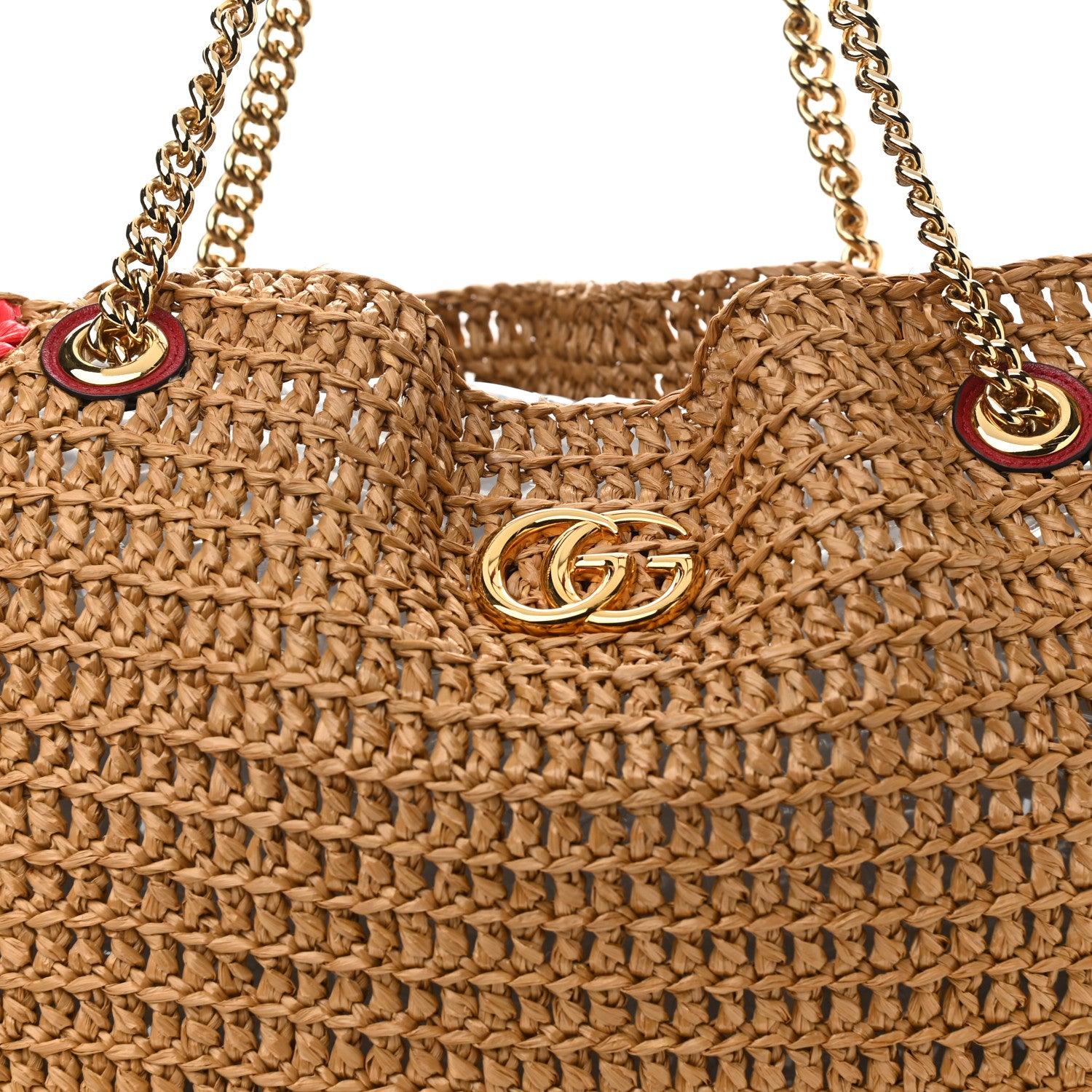 Gucci Raffia Effect Large GG Marmont Shoulder Tote Bag Natural Red Green 8 of 10