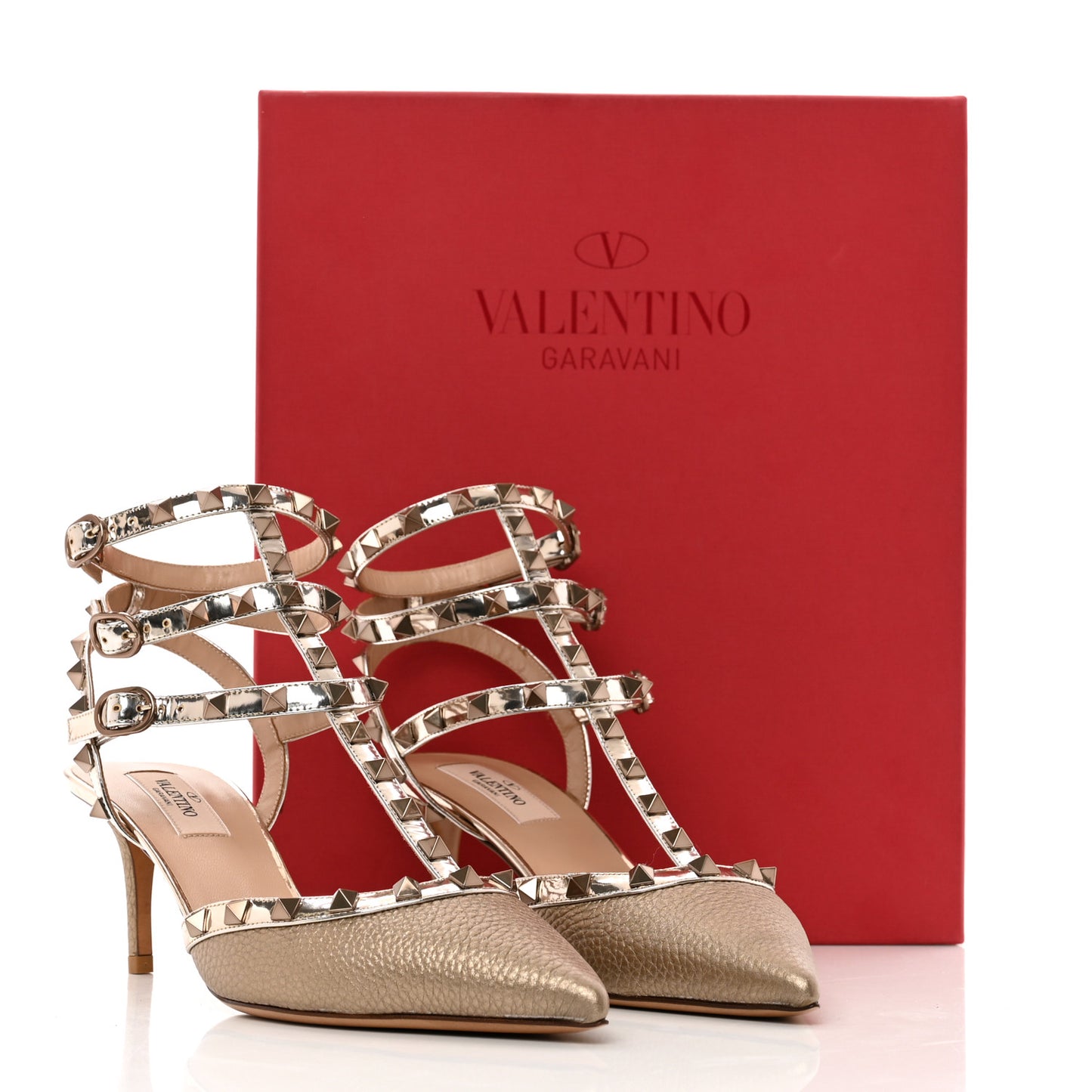 Metallic Pebbled Calfskin Patent Rockstud Ankle Strap 65mm Pumps 38.5 Skin
