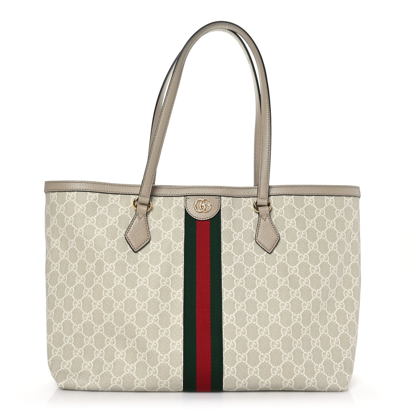 GG Supreme Monogram Textured Dollar Calfskin Web Medium Ophidia Shopping Tote Beige Mystic White Oatmeal