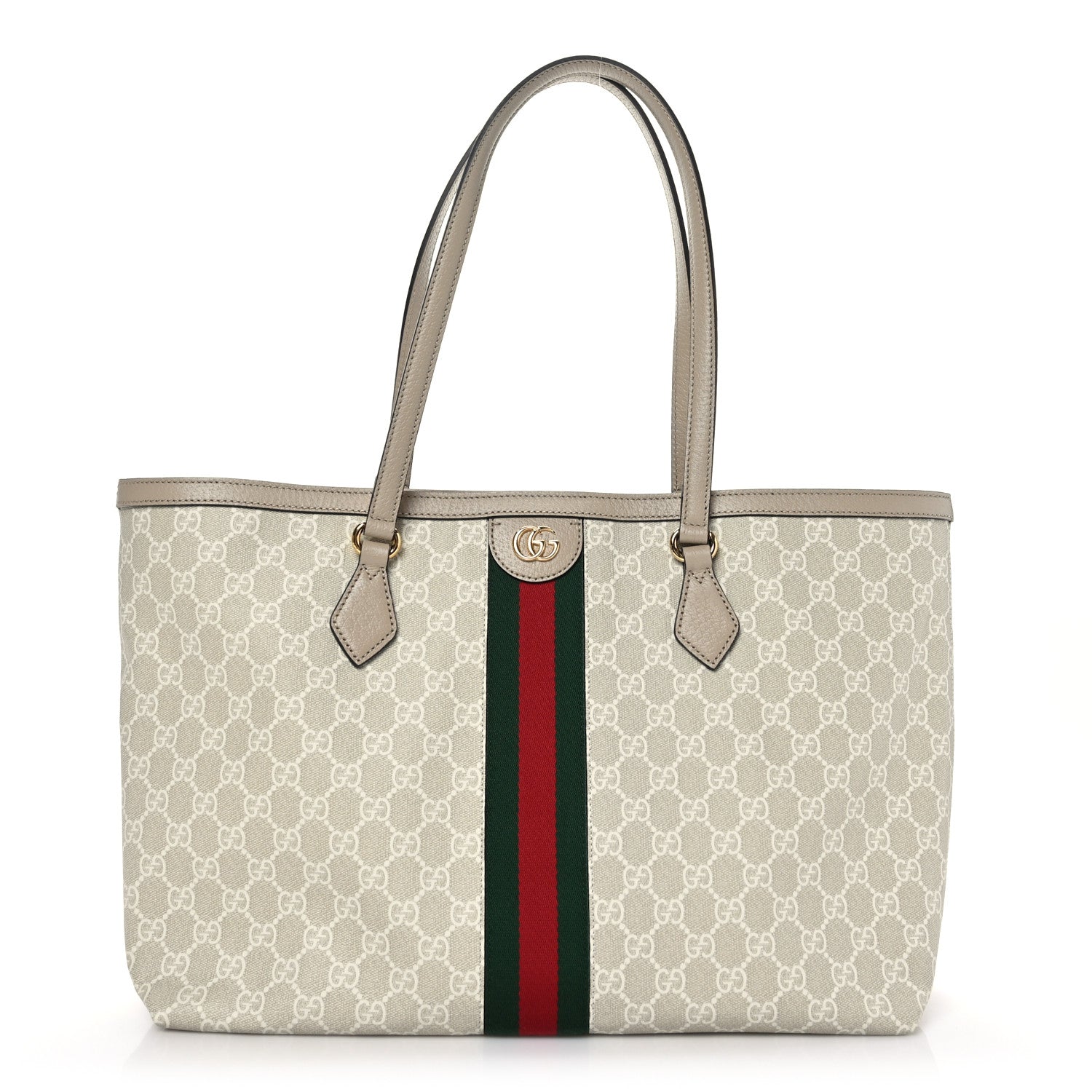 Gucci GG Supreme Monogram Textured Dollar Calfskin Web Medium Ophidia Shopping Tote Beige Mystic White Oatmeal 1 of 9