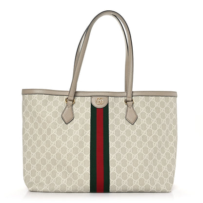 Gucci GG Supreme Monogram Textured Dollar Calfskin Web Medium Ophidia Shopping Tote Beige Mystic White Oatmeal 1 of 9