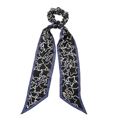 Chanel Silk Star CC Scrunchie and Scarf Hair Tie Set Black Blue White 2 of 3