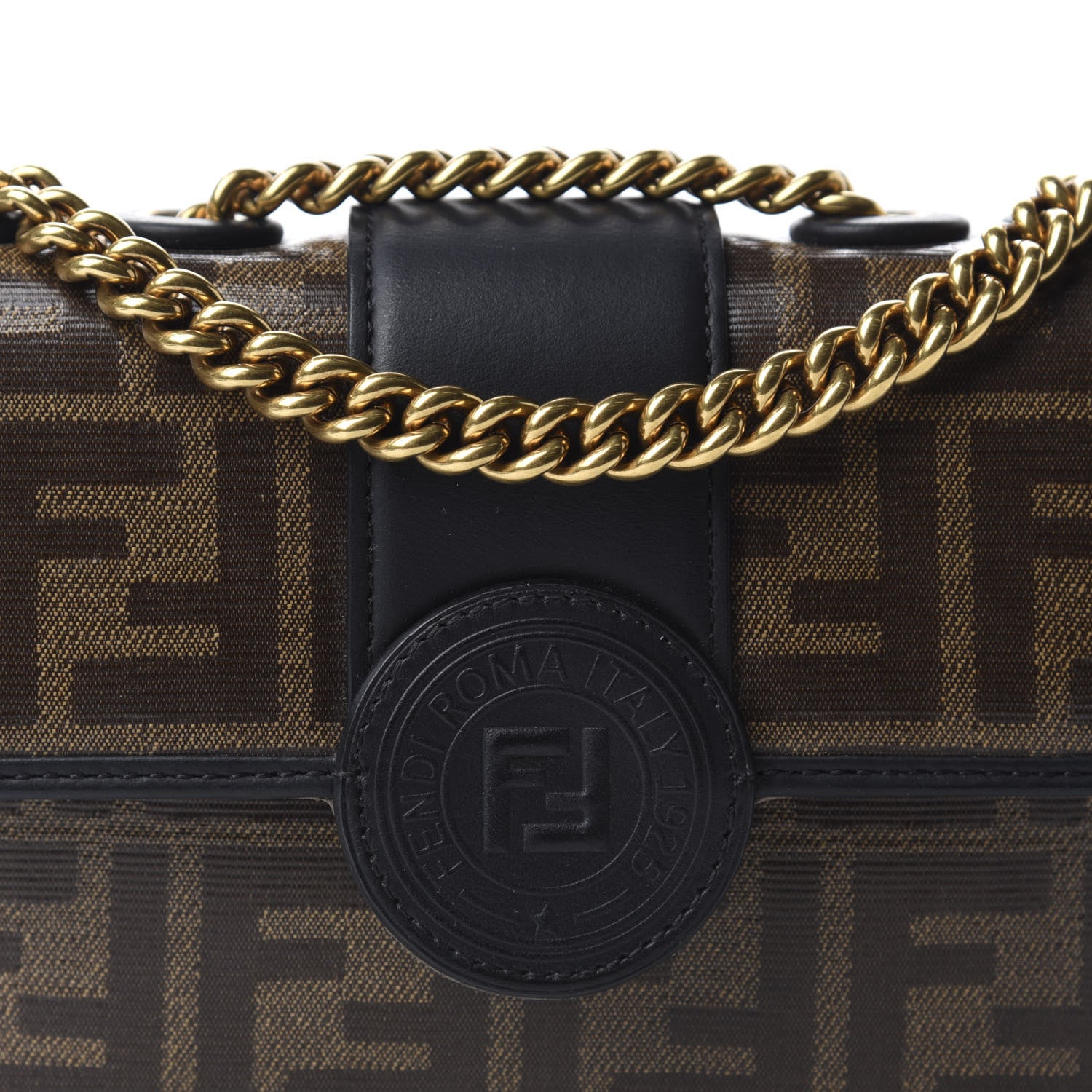 Fendi Glazed Fabric Vitello Century FF 1974 Stamp Patch Mini Double F Crossbody Bag Mogano Panna Black 10 of 10