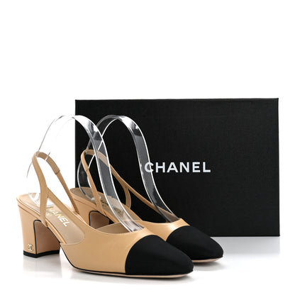 Chanel Goatskin Grosgrain Cap Toe CC Slingback Pumps 40.5 Beige Black 14 of 14