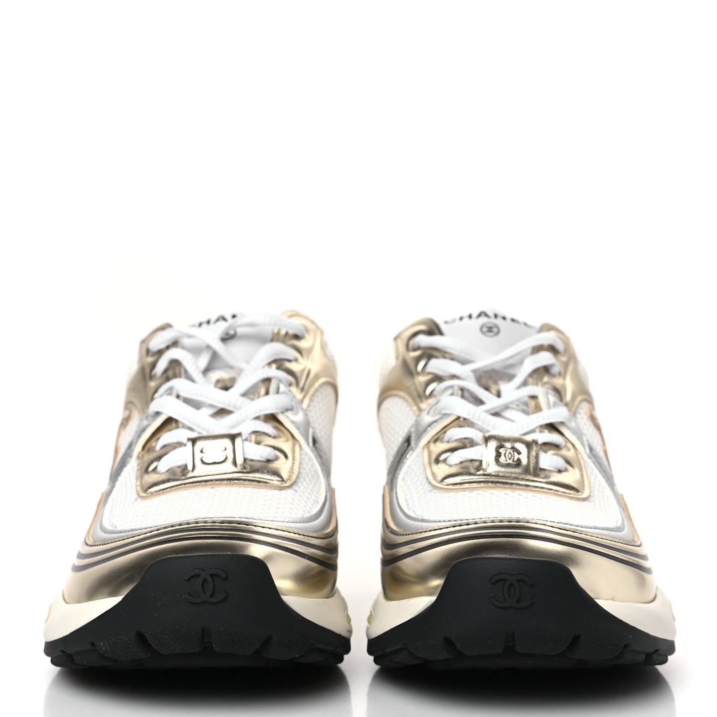 Fabric Laminated Calfskin Stretch CC Sneakers 38 White Gold Silver