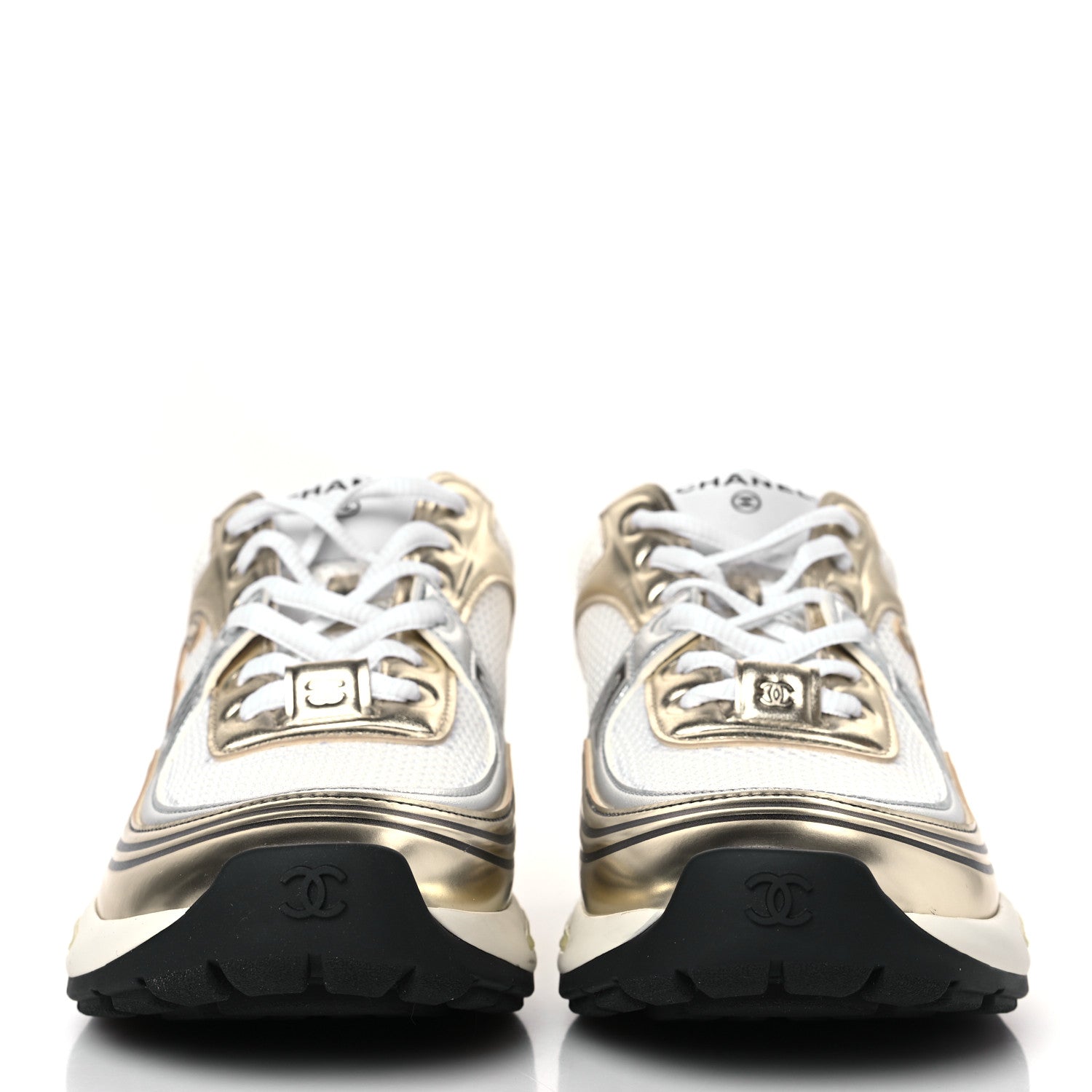 Chanel Fabric Laminated Calfskin Stretch CC Sneakers 38 White Gold Silver 2 of 9