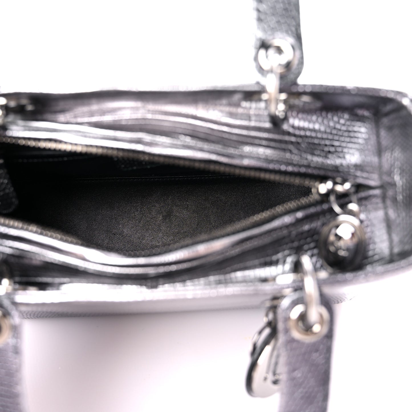 Metallic Lizard Medium Lady Dior Silver