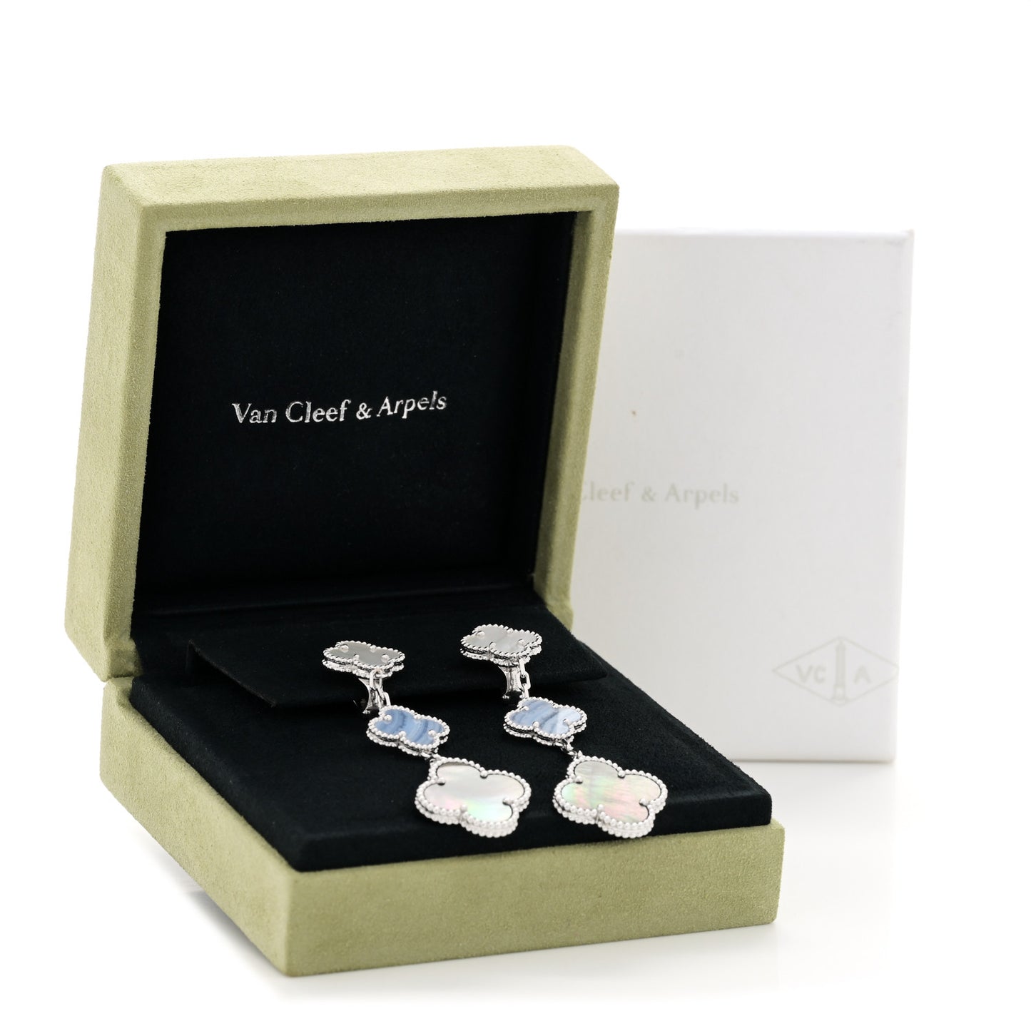 18K White Gold Mother of Pearl Chalcedony 3 Motifs Magic Alhambra Earrings