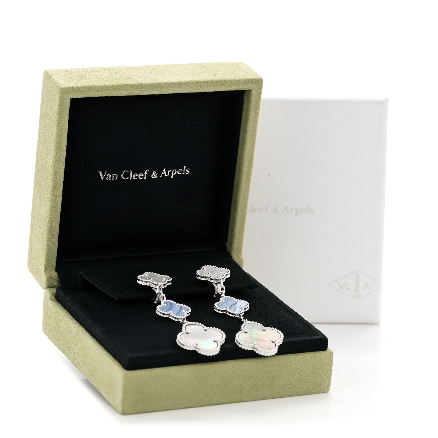 Van Cleef & Arpels 18K White Gold Mother of Pearl Chalcedony 3 Motifs Magic Alhambra Earrings 5 of 5