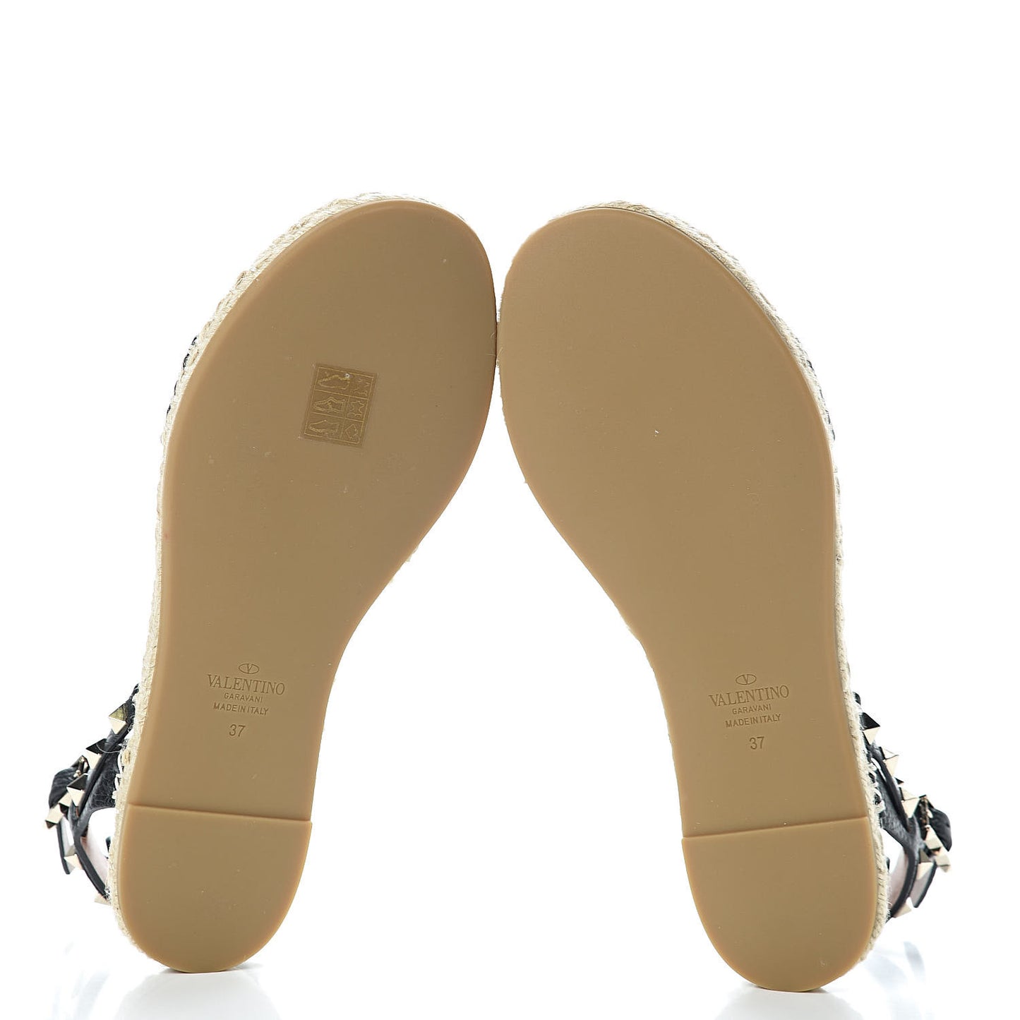 Grained Calfskin Rockstud Ankle Strap Espadrille Flat Sandals 37 Black