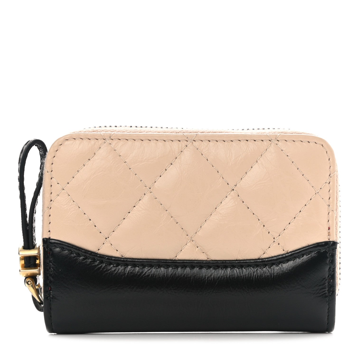 Chanel Aged Calfskin Quilted Gabrielle Zip Around Coin Purse Wallet Beige Black 1 of 9