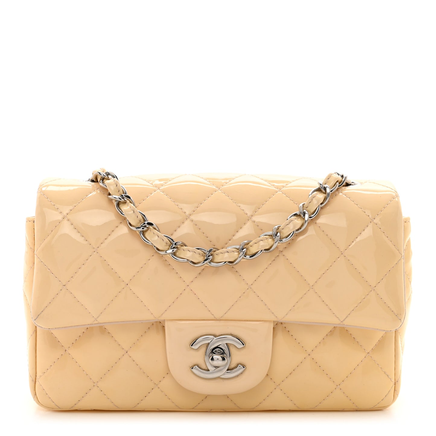 Patent Calfskin Quilted Mini Rectangular Flap Beige