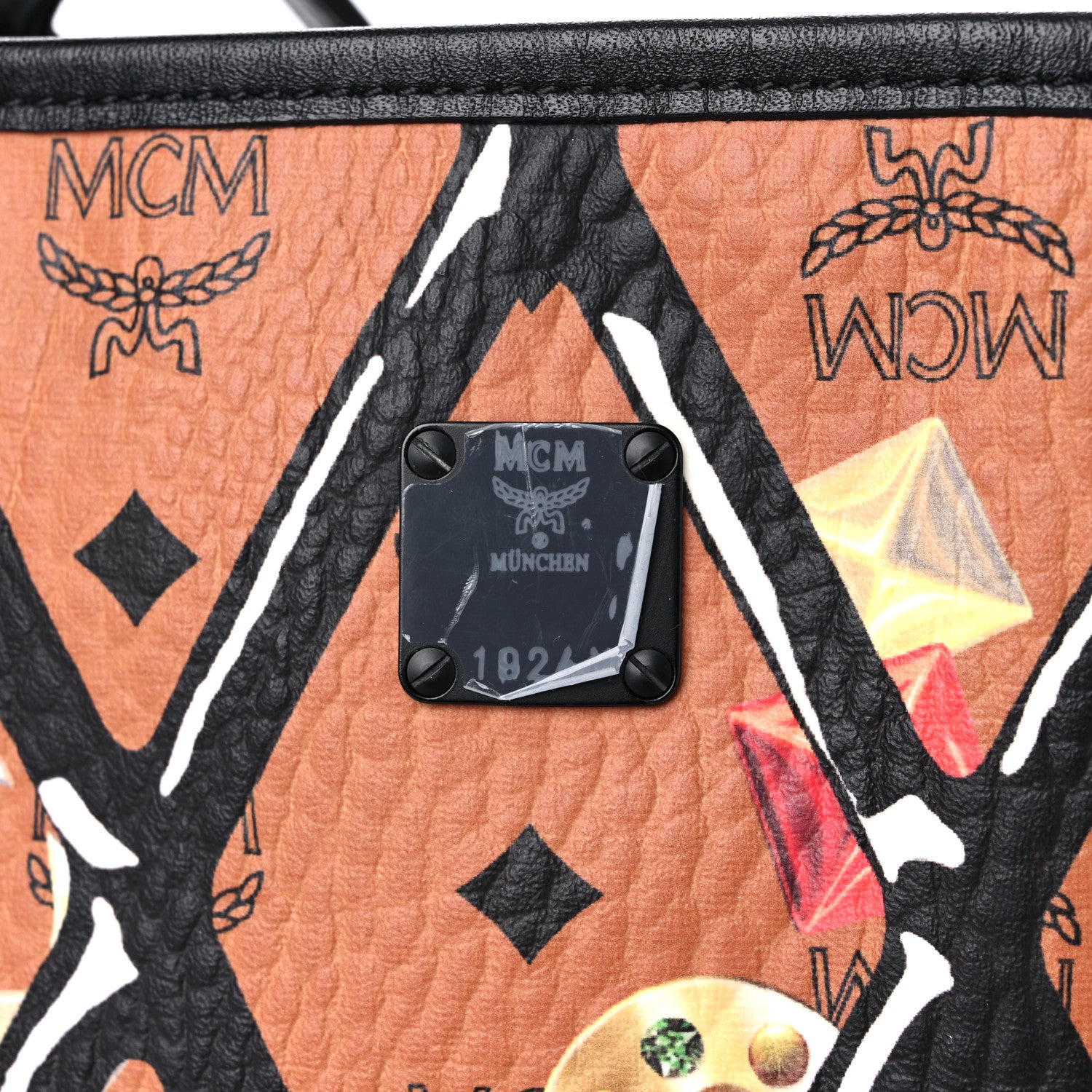 MCM Visetos Calfskin Motif Rombi Lion Printed Reversible Shopper Tote Cognac 15 of 26