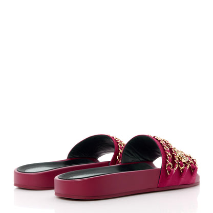 Chanel Satin Canvas Chain Slides Sandals Flats 38 Dark Fuchsia 4 of 9