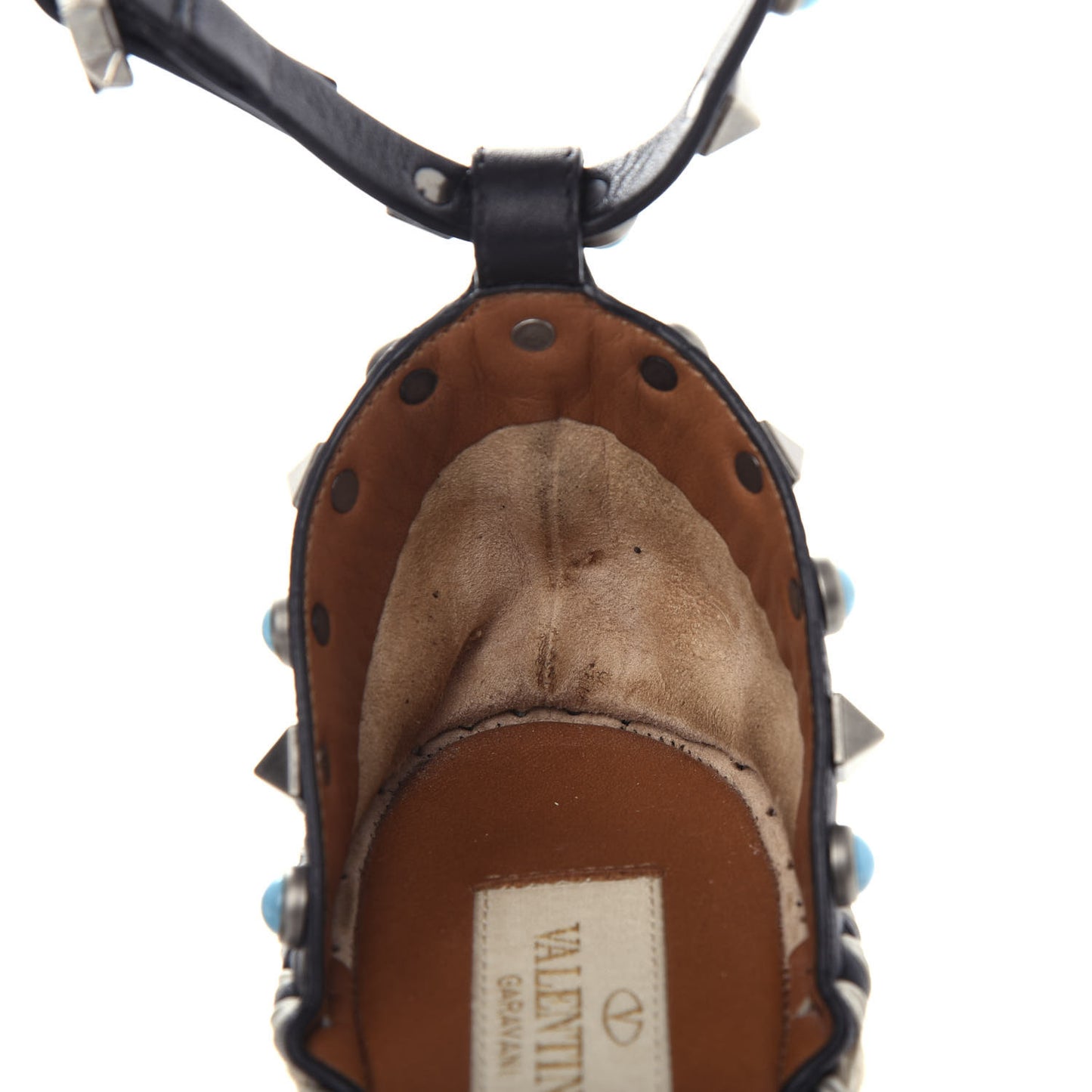 Grained Calfskin Turquoise Rockstud Rolling Ankle Wrap Espadrille 15/85mm Wedges 36 Black