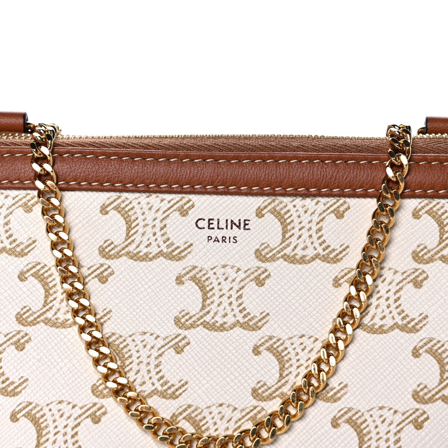 Celine Lambskin Triomphe Canvas Clutch With Chain White Tan 7 of 10