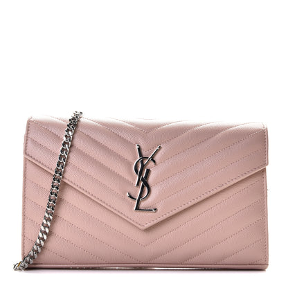 Saint Laurent Grain De Poudre Matelasse Chevron Monogram Chain Wallet Pale Pink 1 of 10