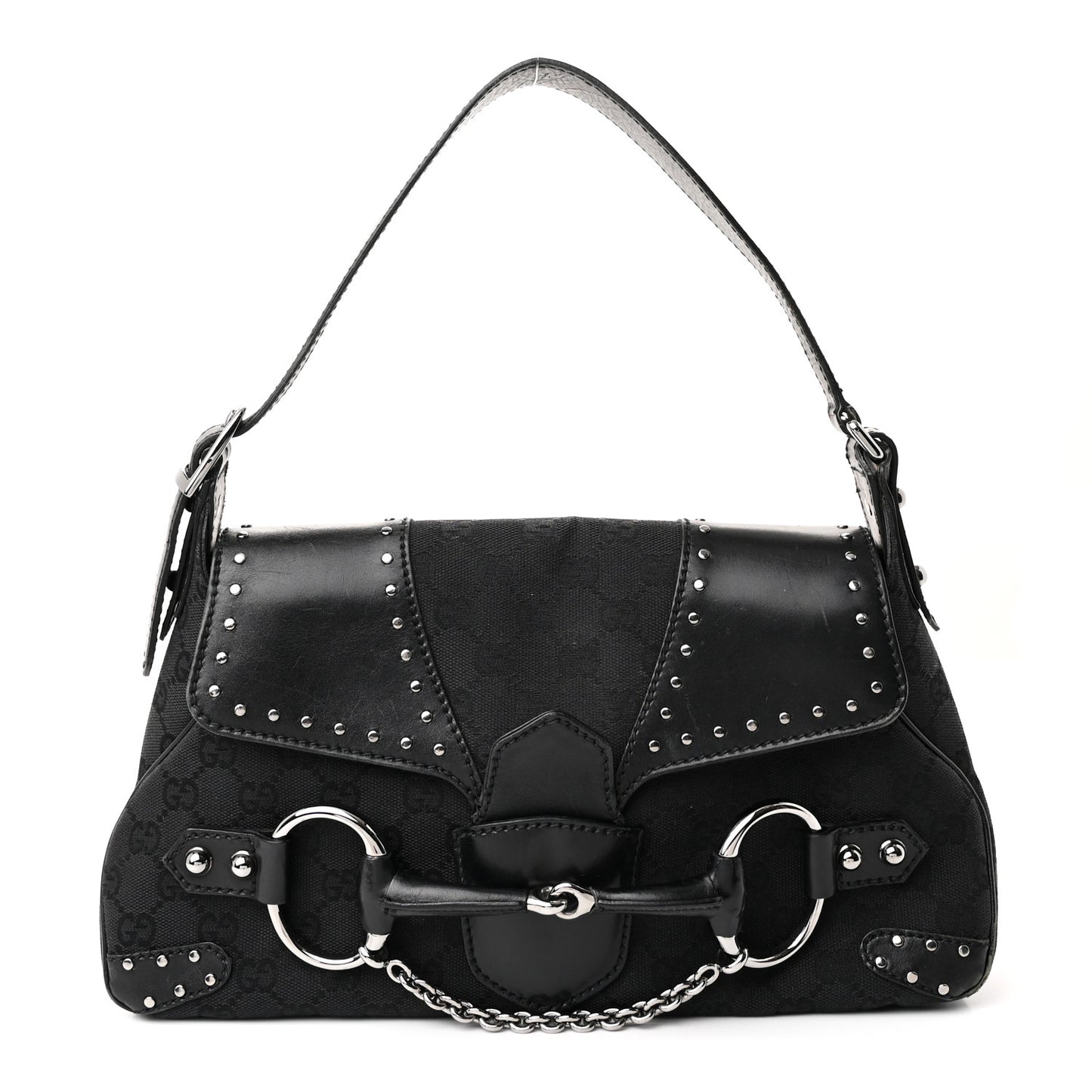 Monogram Horsebit Chain Studded Flap Shoulder Bag Black