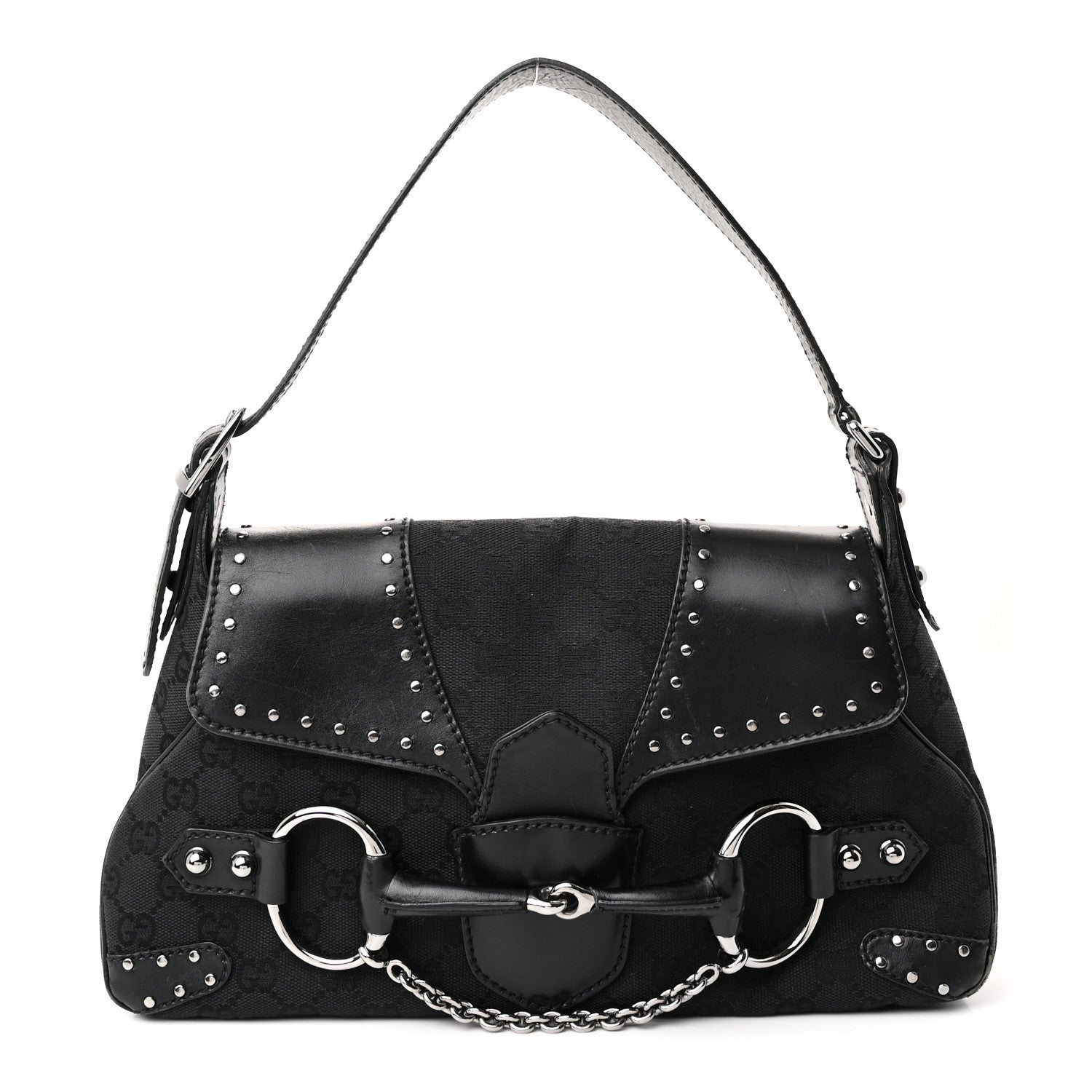 Gucci Monogram Horsebit Chain Studded Flap Shoulder Bag Black 1 of 13