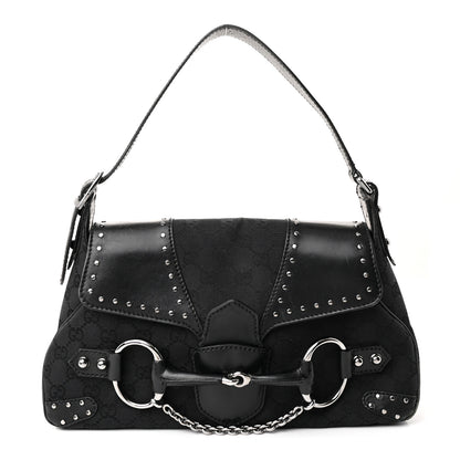 Gucci Monogram Horsebit Chain Studded Flap Shoulder Bag Black 1 of 13