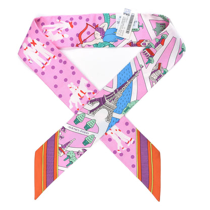 Hermes Silk Les Nouveaux Amoureux de Paris Twilly Rose Buvard White Vert 1 of 4