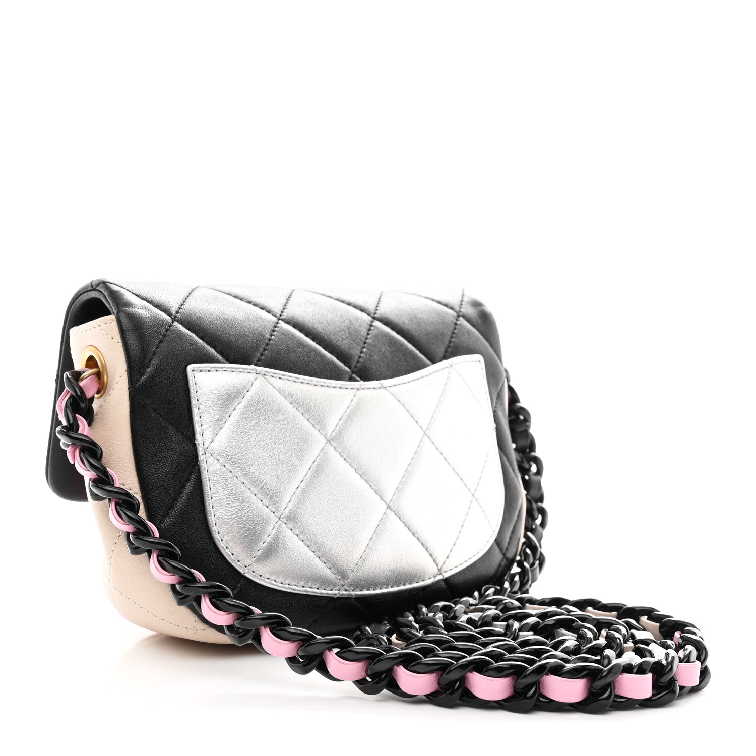 Chanel Lambskin Quilted Mini Lacquered Chain Flap Black Pink Beige Silver 3 of 10