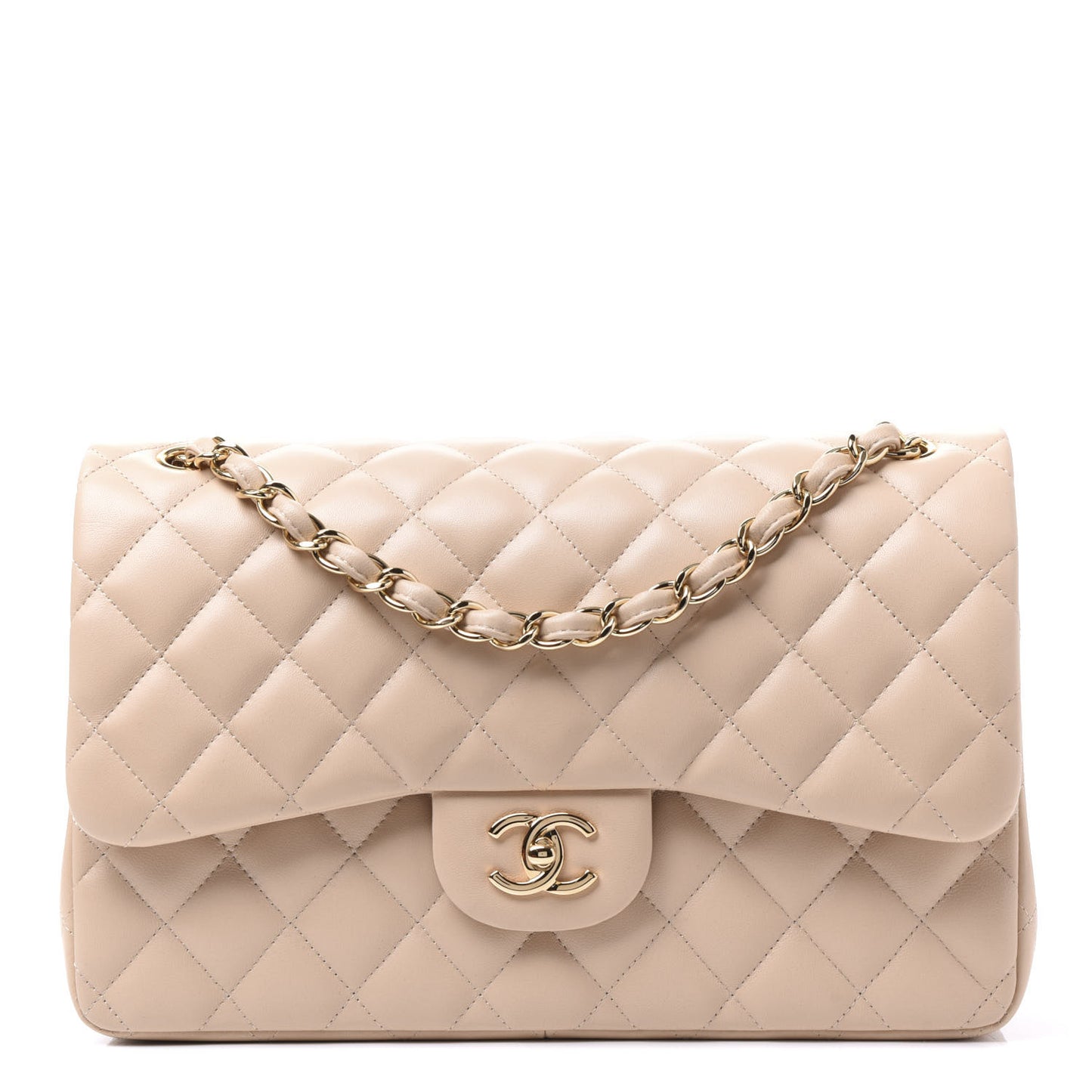 Lambskin Quilted Jumbo Double Flap Light Beige