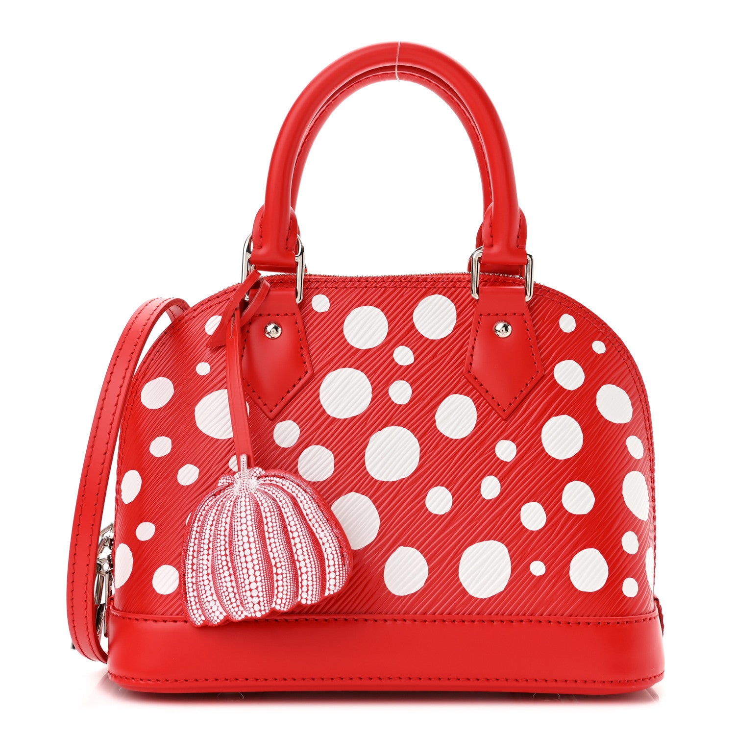 this is a product image by FASHIONPHILE of a LOUIS VUITTON LV X YK collaboration Epi Alma BB bag in the colors Rogue and White