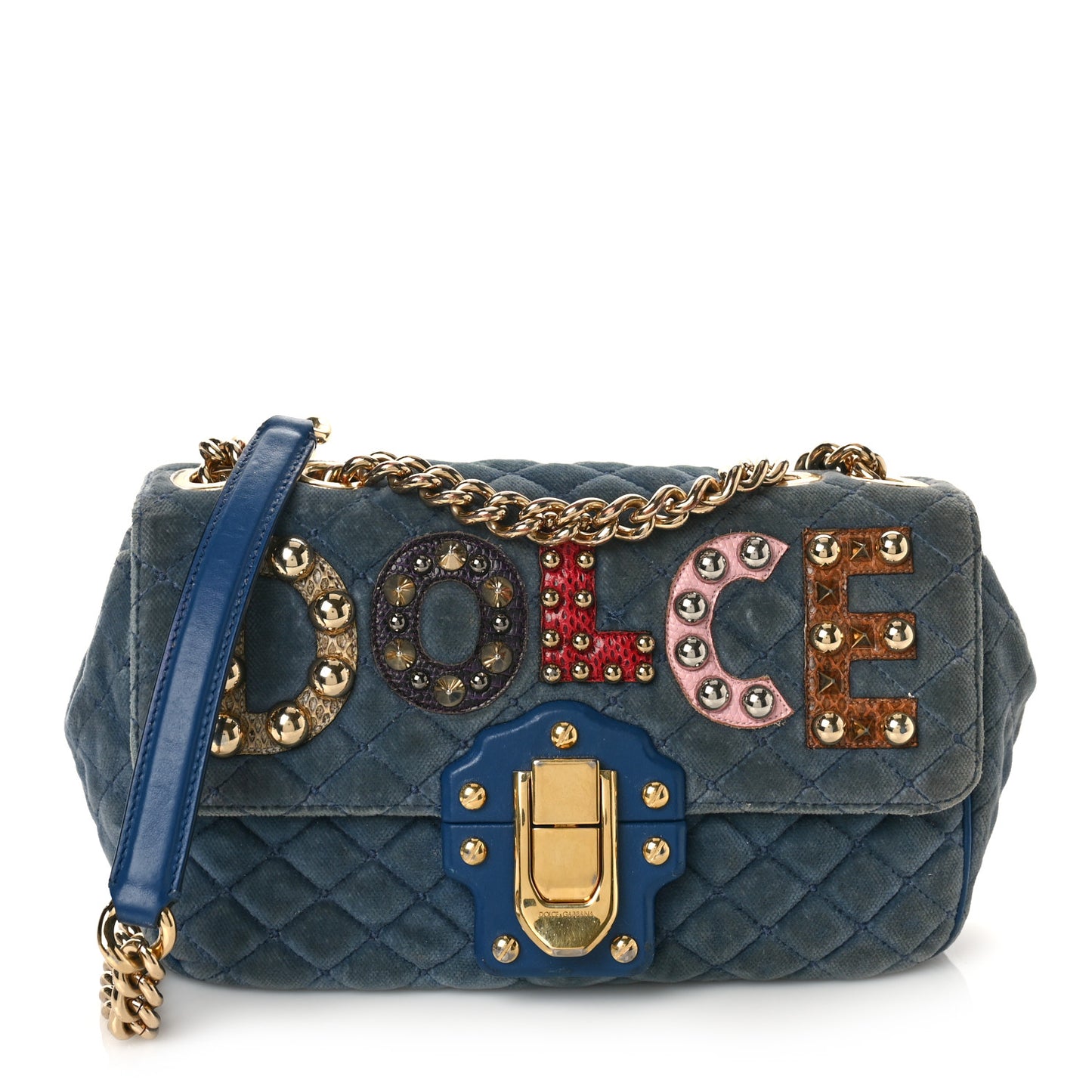Velvet Watersnake Embellished Quilted Lucia Shoulder Bag Blue