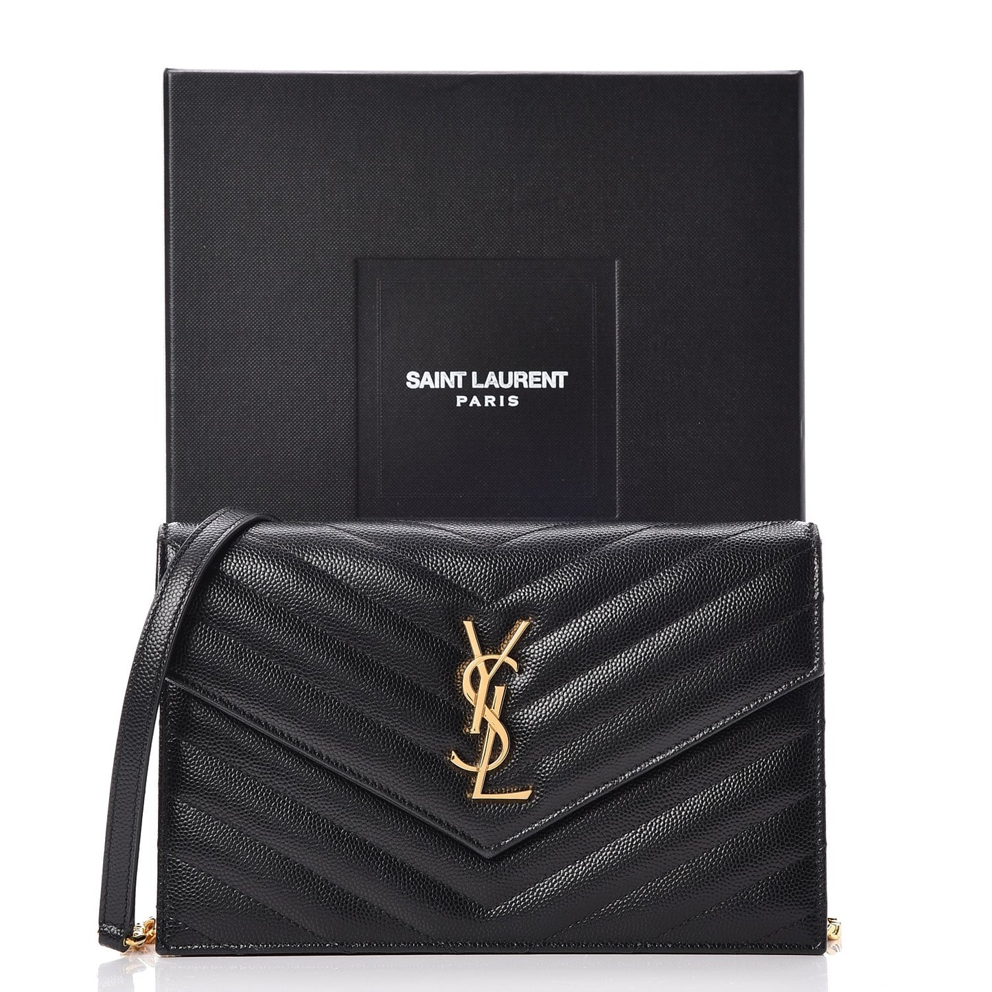 Grain De Poudre Matelasse Chevron Monogram Envelope Chain Wallet Black