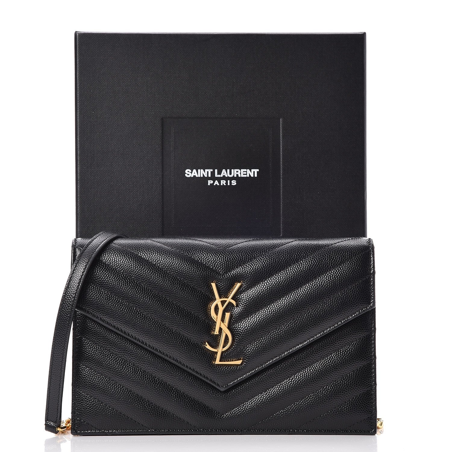 Saint Laurent Grain De Poudre Matelasse Chevron Monogram Envelope Chain Wallet Black 8 of 8