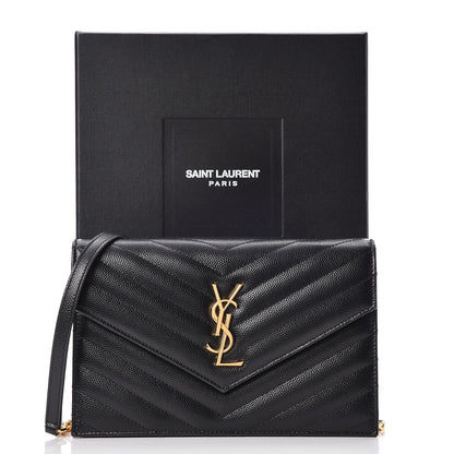 Saint Laurent Grain De Poudre Matelasse Chevron Monogram Envelope Chain Wallet Black 8 of 8