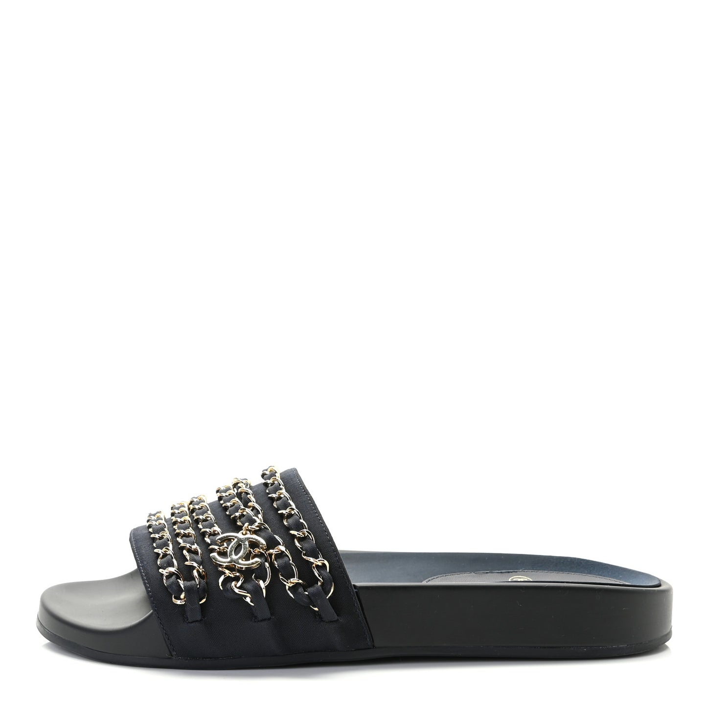Satin Canvas Chain Slides Sandals Flats 38 Marine