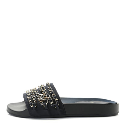 Chanel Satin Canvas Chain Slides Sandals Flats 38 Marine 1 of 8