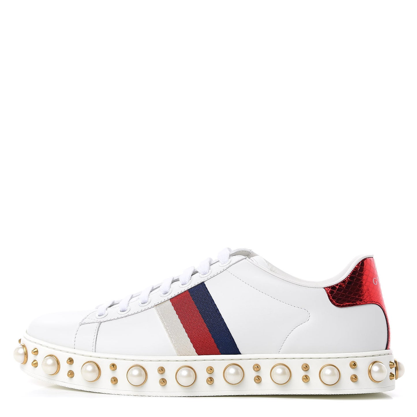 Calfskin Ayers Web Pearl Studded Womens Ace Sneakers 38 White