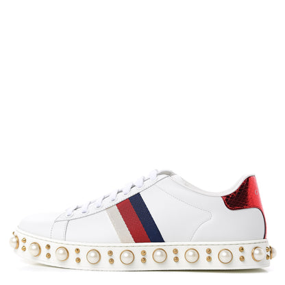 Gucci Calfskin Ayers Web Pearl Studded Womens Ace Sneakers 38 White 1 of 10
