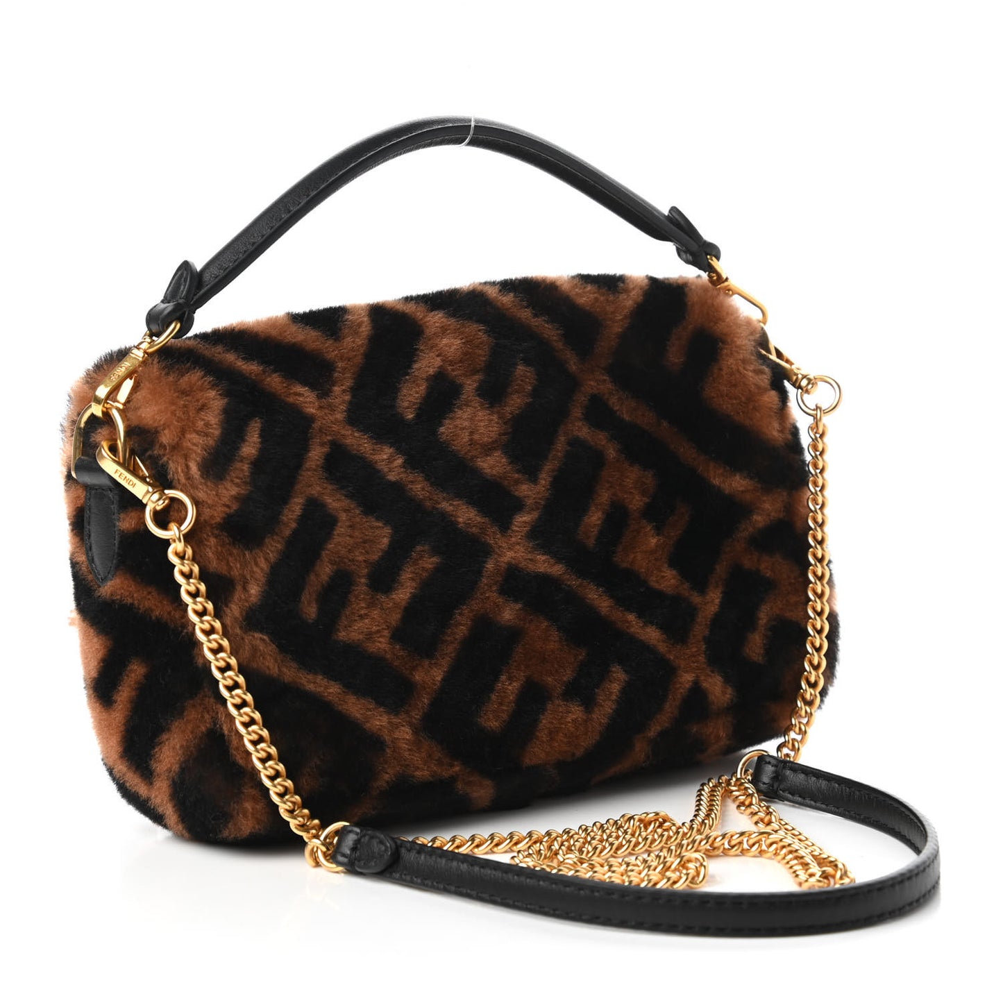 Shearling Vitello Dolce Macro FF 1974 Mini Baguette Tobacco Black